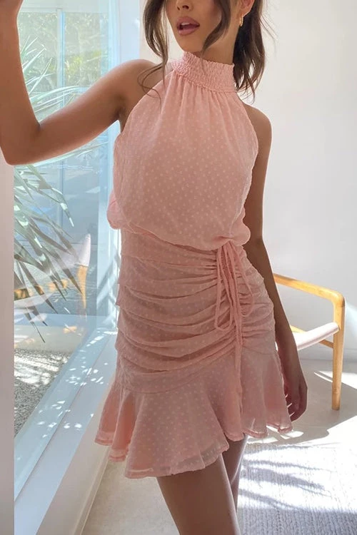 Levency New In Polka Dot Haler Neck Shirred Mini Dress 20 Levency New In Polka Dot Haler Neck Shirred Mini Dress