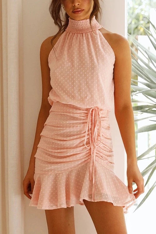 Levency New In Polka Dot Haler Neck Shirred Mini Dress 7 Levency New In Polka Dot Haler Neck Shirred Mini Dress