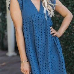 Levency Embroidery Ruffle Trim Smock Dress