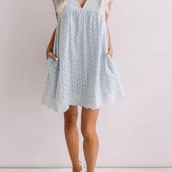 Levency Embroidery Ruffle Trim Smock Dress