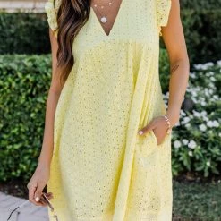 Levency Embroidery Ruffle Trim Smock Dress