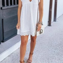 Levency Embroidery Ruffle Trim Smock Dress