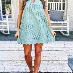 Levency Embroidery Ruffle Trim Smock Dress