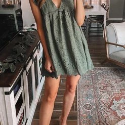 Levency Embroidery Ruffle Trim Smock Dress