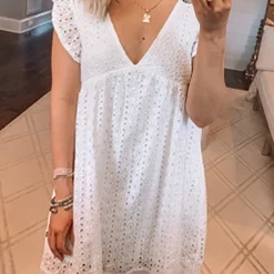 Levency Embroidery Ruffle Trim Smock Dress