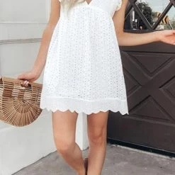 Levency Embroidery Ruffle Trim Smock Dress