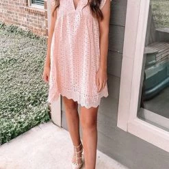 Levency Embroidery Ruffle Trim Smock Dress