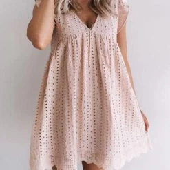 Levency Embroidery Ruffle Trim Smock Dress