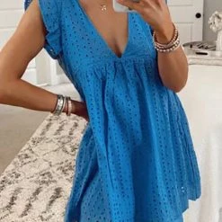 Levency Embroidery Ruffle Trim Smock Dress