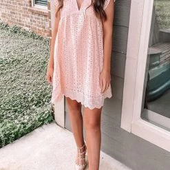 Levency Embroidery Ruffle Trim Smock Dress