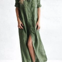Levency New In Linen Button Pockets Shirt Maxi Dress
