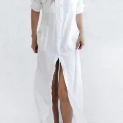 Levency New In Linen Button Pockets Shirt Maxi Dress