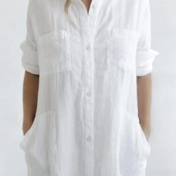 Levency New In Linen Button Pockets Shirt Maxi Dress