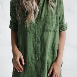 Levency New In Linen Button Pockets Shirt Maxi Dress