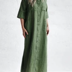 Levency New In Linen Button Pockets Shirt Maxi Dress