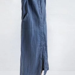 Levency New In Linen Button Pockets Shirt Maxi Dress