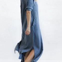 Levency New In Linen Button Pockets Shirt Maxi Dress