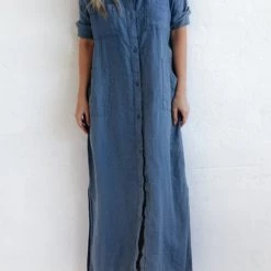 Levency New In Linen Button Pockets Shirt Maxi Dress