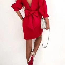Levency Puff Sleeve Bow Tie Back Short Dress New In