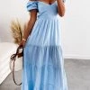 Levency V Neck Puff Sleeve Backless Maxi Dress