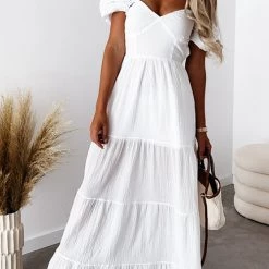 Levency V Neck Puff Sleeve Backless Maxi Dress