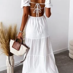 Levency V Neck Puff Sleeve Backless Maxi Dress