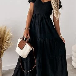 Levency V Neck Puff Sleeve Backless Maxi Dress