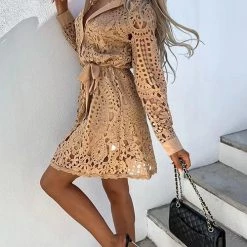 Levency New In Hollow Lace Button Long Sleeve Shirt Dress