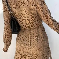 Levency New In Hollow Lace Button Long Sleeve Shirt Dress