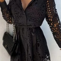 Levency New In Hollow Lace Button Long Sleeve Shirt Dress