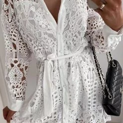 Levency New In Hollow Lace Button Long Sleeve Shirt Dress