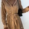 Levency New In Hollow Lace Button Long Sleeve Shirt Dress