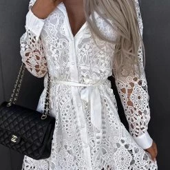 Levency New In Hollow Lace Button Long Sleeve Shirt Dress
