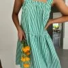 Levency Green Stripe Ruffles Sleeveless Mini Dress New In