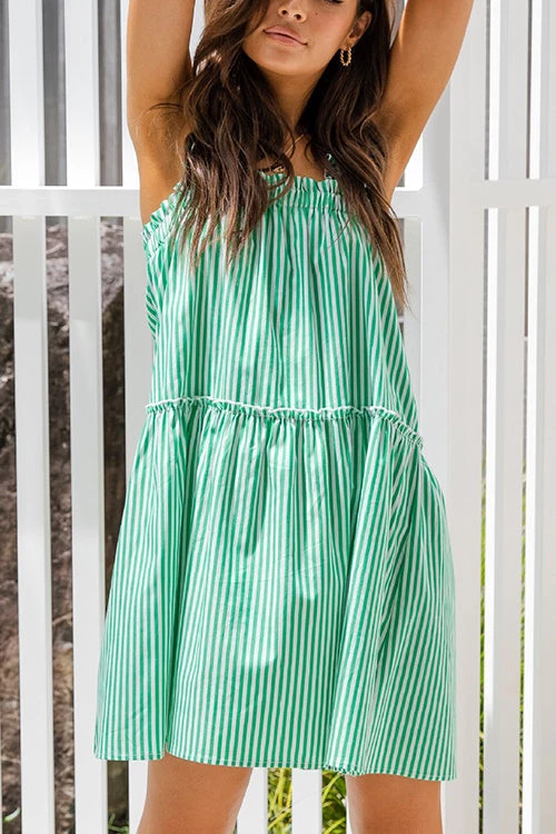 Levency Green Stripe Ruffles Sleeveless Mini Dress New In 4 Levency Green Stripe Ruffles Sleeveless Mini Dress New In