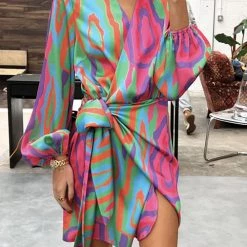 Levency New In Print Long Sleeve Wrap Mini Dress