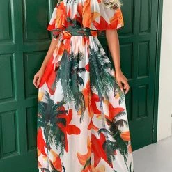 Levency Ruffle Floral Off Shoulder Belted Maxi Dress