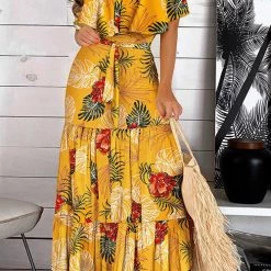 Levency Ruffle Floral Off Shoulder Belted Maxi Dress