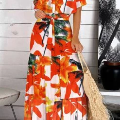 Levency Ruffle Floral Off Shoulder Belted Maxi Dress