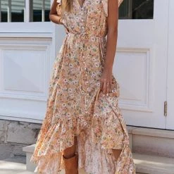 Levency New In Button Ruffles Floral Drawstring Maxi Dress