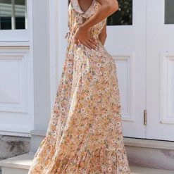 Levency New In Button Ruffles Floral Drawstring Maxi Dress
