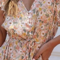 Levency New In Button Ruffles Floral Drawstring Maxi Dress