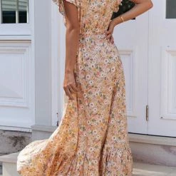 Levency New In Button Ruffles Floral Drawstring Maxi Dress