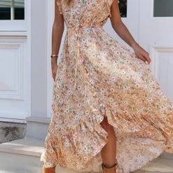 Levency New In Button Ruffles Floral Drawstring Maxi Dress