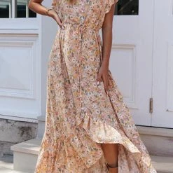 Levency New In Button Ruffles Floral Drawstring Maxi Dress