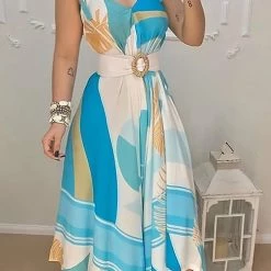 Levency New In Print V Neck Tie Shoulder Maxi Dress With Belt