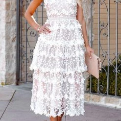 Levency New In Tiered Crochet Lace Slip Midi Dress