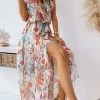 Levency Ruffles Floral High Low Sllip Slit Maxi Dress