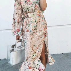 Levency New In One Shoulder Print Split Ruffle Calf Length Dress