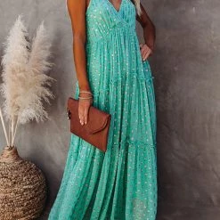 Levency Vacation Mood Metallic Polka Dot Maxi Dress New In